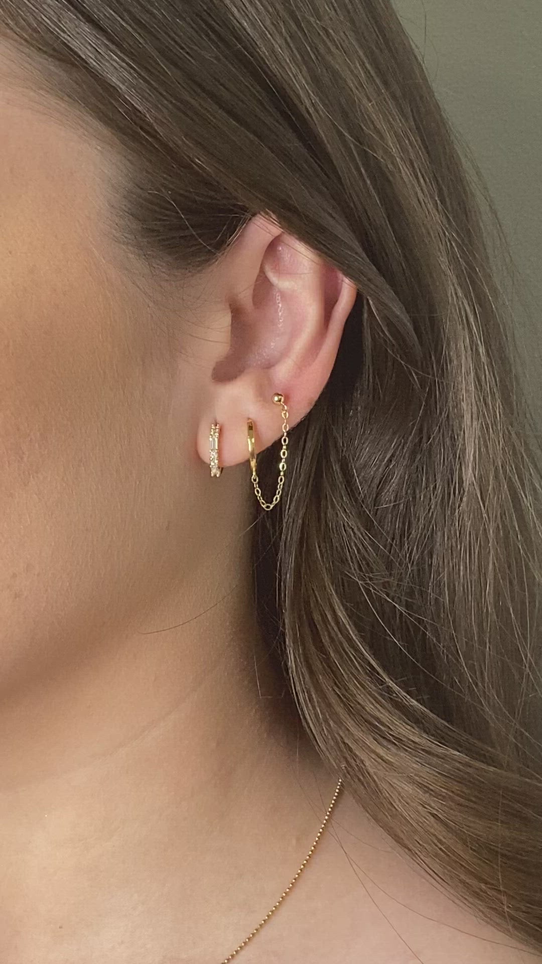14K Gold Round & Baguette CZ Hoop Earrings | Pair